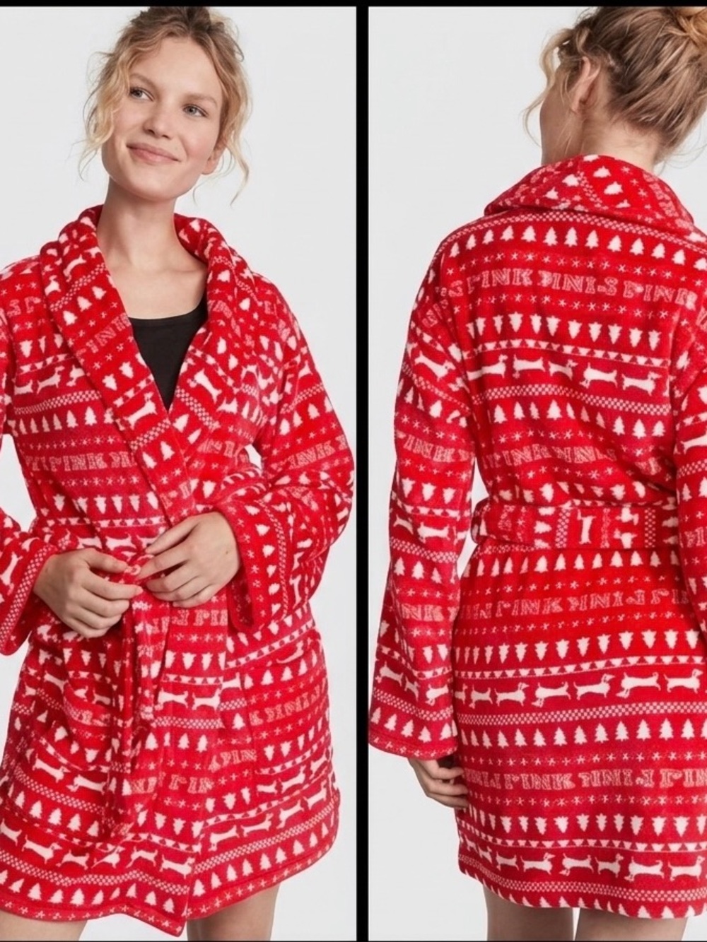 NWT PINK Victoria's Secret Red Fair Isle Plush Robe w/Dachshunds - Holiday Comfy